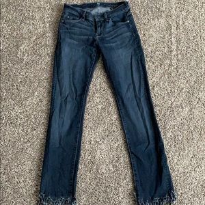 Dark, straight leg, fringed bottoms 7 Jeans